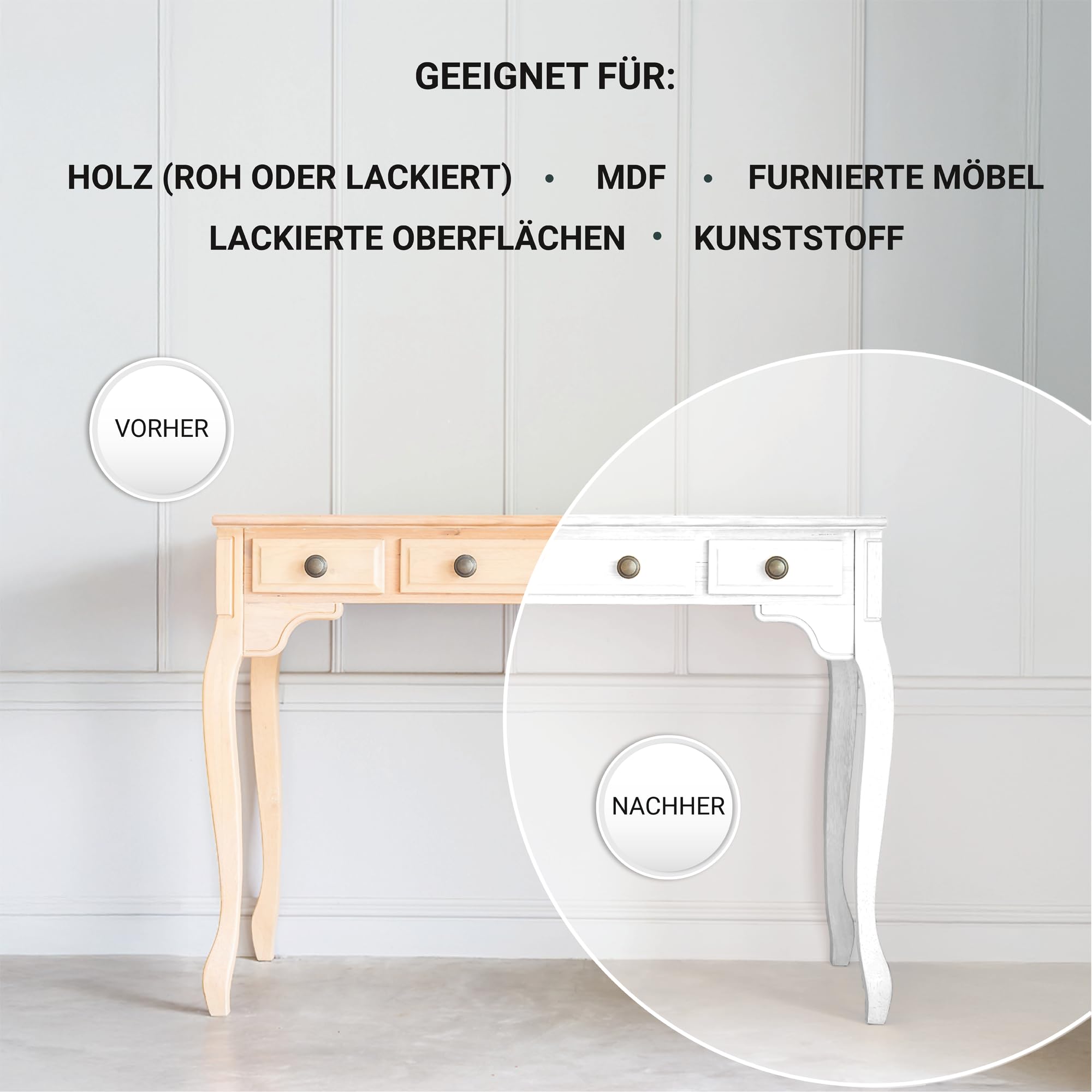 derendo Möbelfarbe Holzfarbe weiß für Innen – Ohne Schleifen, Kratzfest & Hochdeckend – Wasserbasierter Lack für Möbel, Türen & Küchen – Emissionsarm & Pflegeleicht Reinweiss, 2,5 Liter