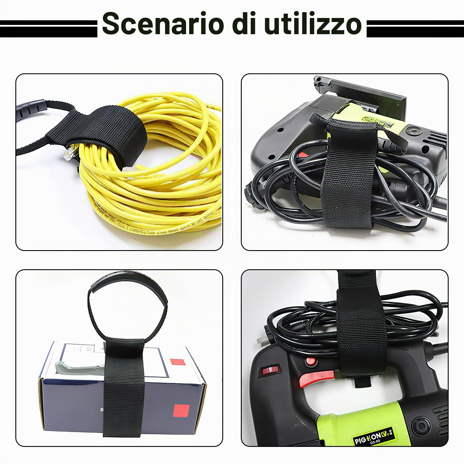2 Pezzi Organizzatore per Cavi e Tubi con Maniglia Ergonomica, Chiusura a Strappo Regolabile da 55 cm, per Garage e Officina, Prolunga Cavo Organizer per Appendere Cavi Elettrici e Tubi da Giardino