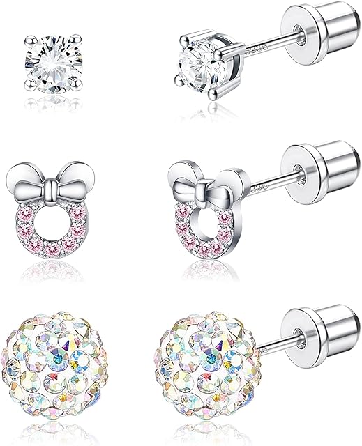 Diamday Sterling Silver Hypoallergenic Earrings Studs For Women Girls Kids CZ Heart Screw Back Earring Studs Flower Butterfly Multicolored Stud Earrings Set Pink 3Pairs