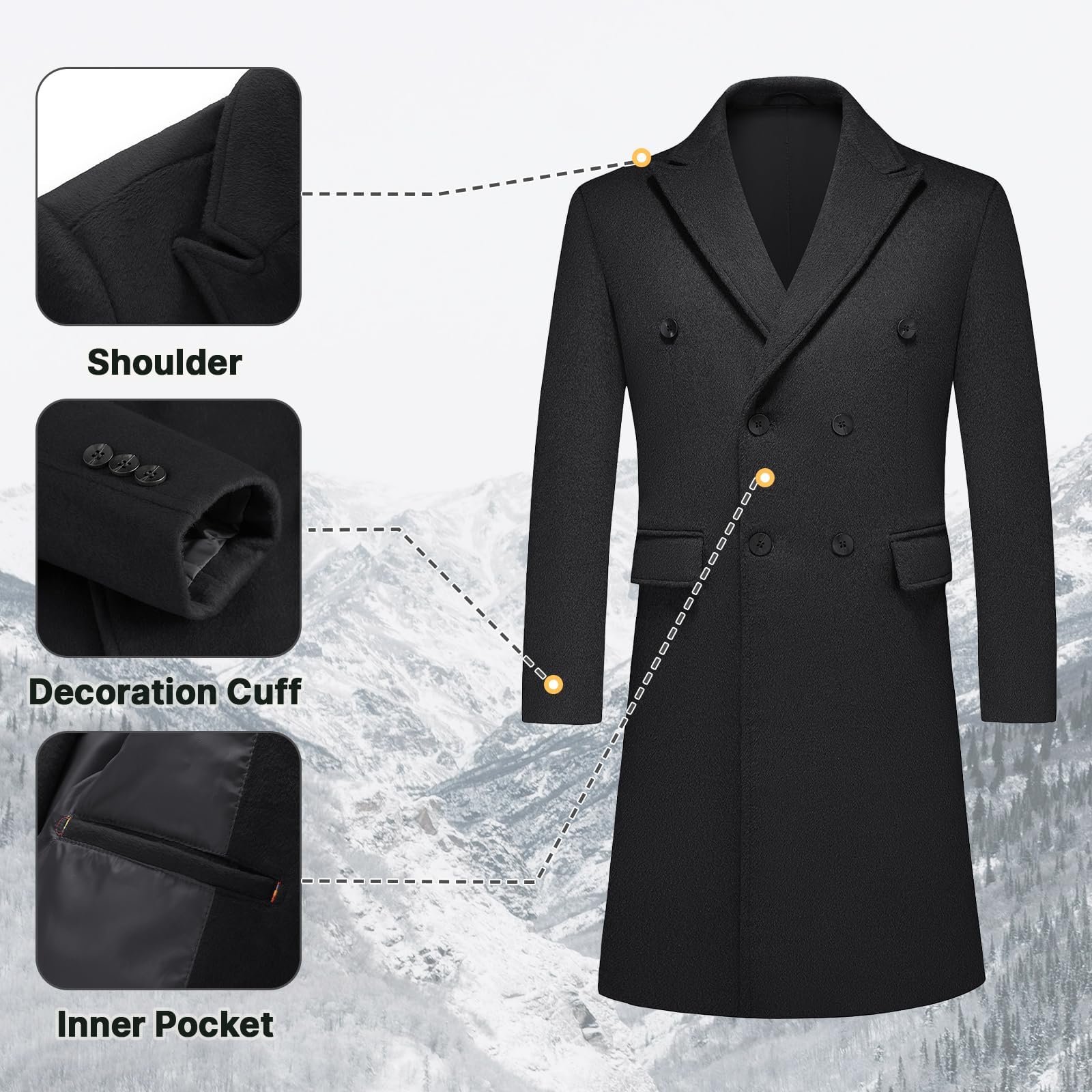 Manteau Homme en Laine Longue Hiver Chaud Trench-Coat Homme Épais Slim Fit Casual