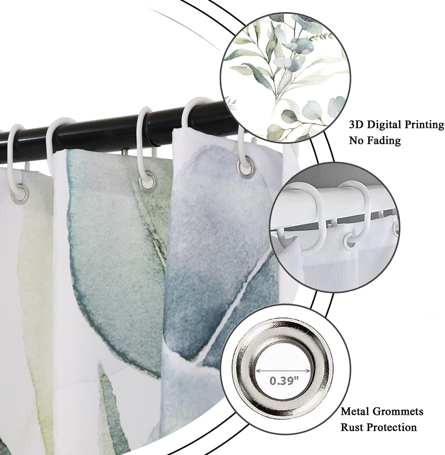 Green Split Shower Curtain for Transfer Bench，Eucalyptus Leaf Transfer Bench Shower Curtain with Two 13.4''-Separated-Away Slits at Bottom,71 x 71 Inches