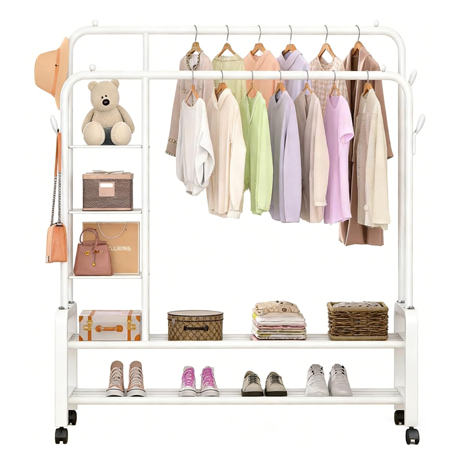 Heavy Duty Clothes rail, Portable Clothes Rack with Lockable Wheels, Standing Metal Wardrobe with Side Hooks & Multi-Tier Shelving, Ideal for Bedrooms, Living Rooms, and Clothing Stores (White)