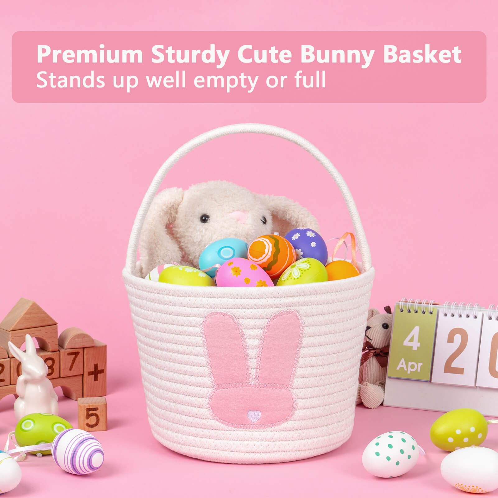 CubesLand Easter Basket for Kids Boys and Girls, Adorable Bunny Basket for Easter Egg Hunts, Soft & Safe Baby’s First Easter Basket, Sturdy Cotton Rope Empty Gift Basket, Festive Décor- Pink-Large