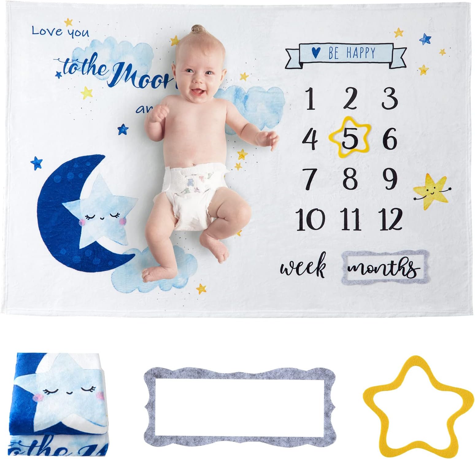Baby Monthly Milestone Blanket for Boys Girls, Moon and Star Photo Prop, Soft Flannel Age Blanket Gift for Newborns, Gender Neutral, Perfect for Crib and Baby Shower, 60''x40''
