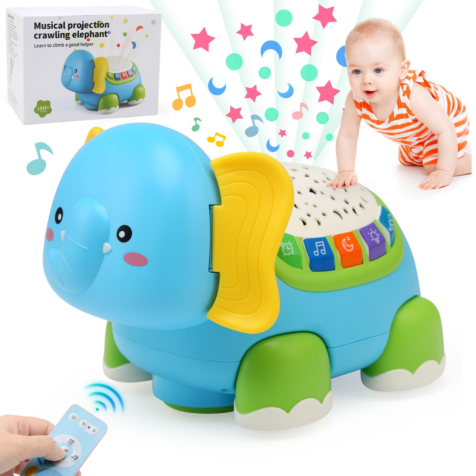 TonStyle Elefante Musical Proyector Juguetes Niños 1 2 3 año, Juguetes Gatear para Bebes 6-12 Meses, Proyector de Luces Multicolor con Música Relajante, Regalos para Bebes Niños
