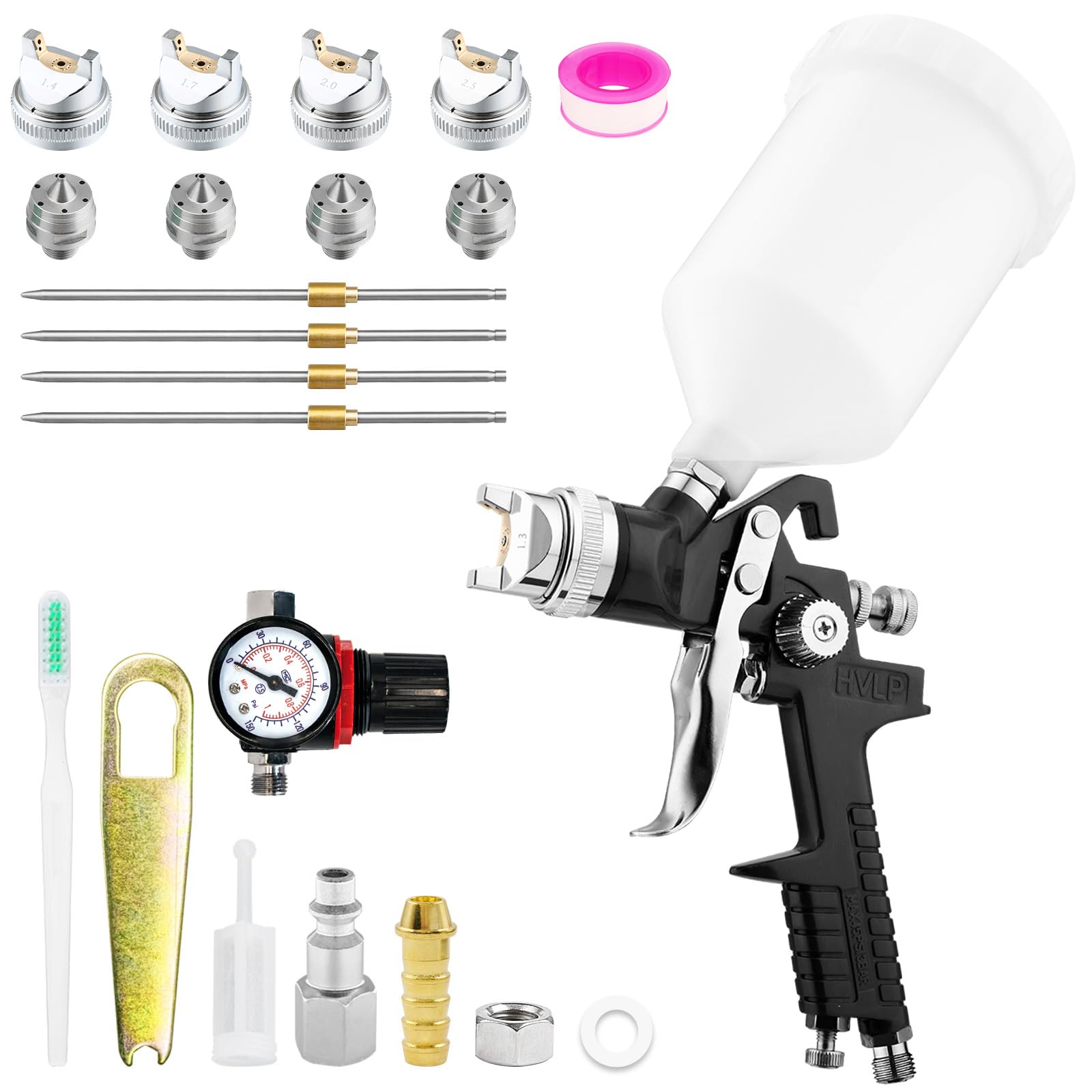 HVLP - Pistola pulverizadora con 4 boquillas de 1,4/1,7/2,0/2,5 mm, pistola de pintura profesional, pulverizador de gravedad con vaso de plástico de 600 ml, medidor de presión (negro)