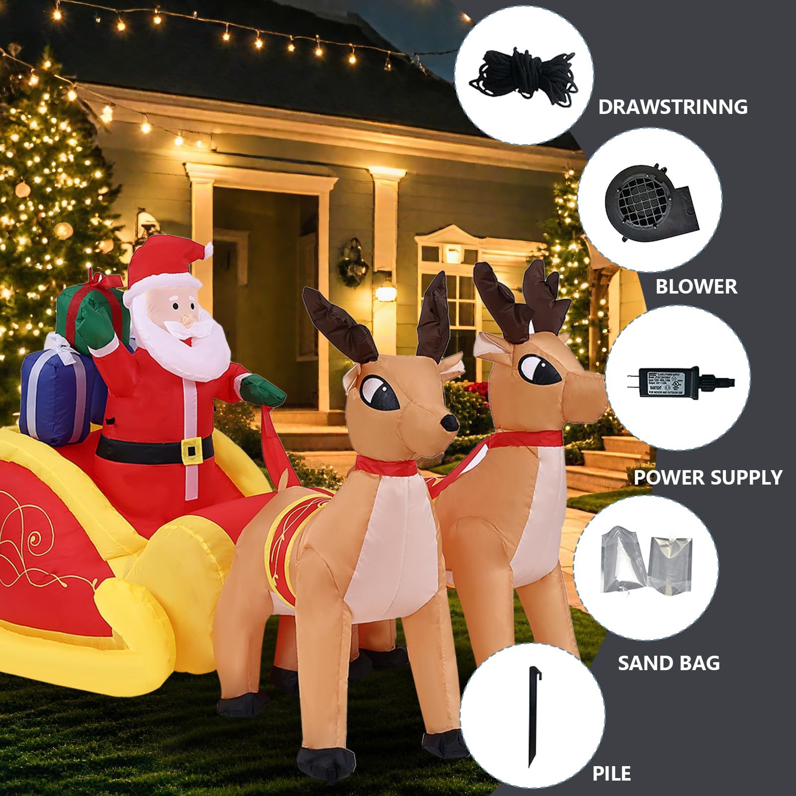 OHMG 220 cm Papá Noel inflable con trineo y renos con 5 luces LED integradas, autoinflable eléctrica, decoración navideña interior y exterior, impermeable, para césped jardín