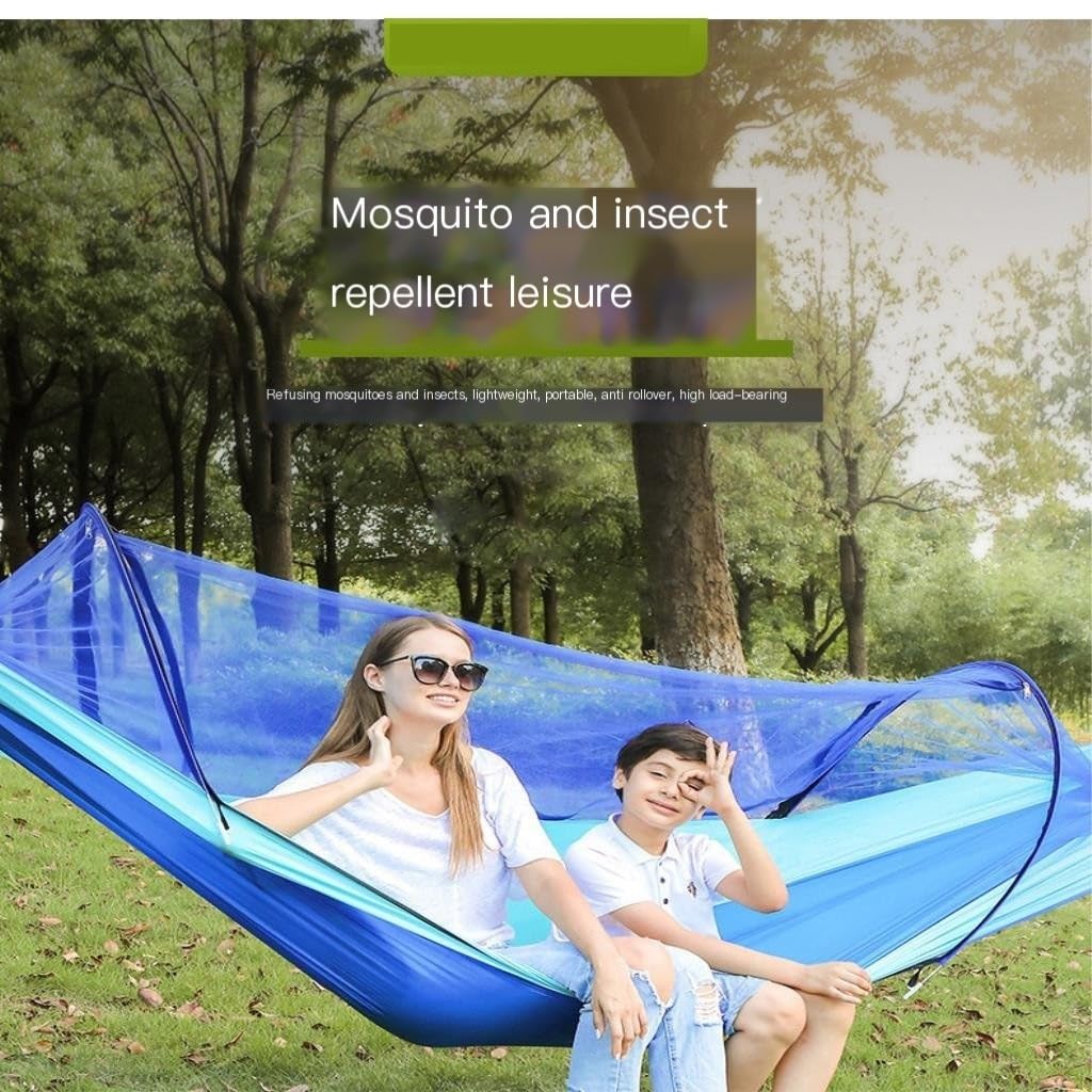 Amaca da campeggio con apertura rapida, zanzariera integrata e anti-ribaltamento, perfetta per viaggi e relax.
