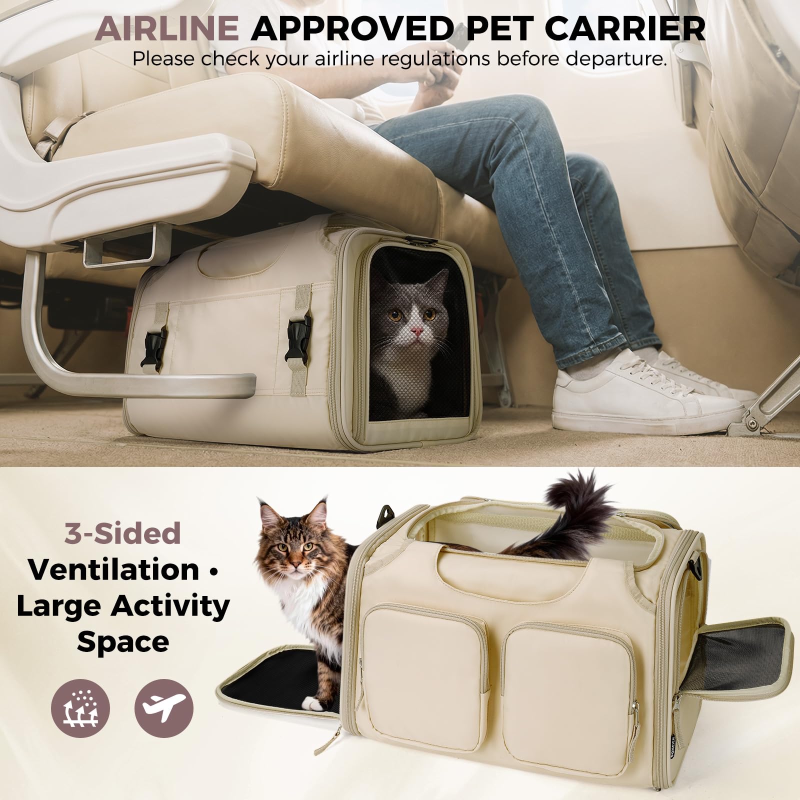 Dog, Cat Carrier for Pets Up to 15 Lbs, Airline Approved Collapsible Soft-Sided Pet Travel Bag with Locking Zippers, Breathable Mesh and 4 Large Pockets, Removable Fleece Pad (Beige) - image 4