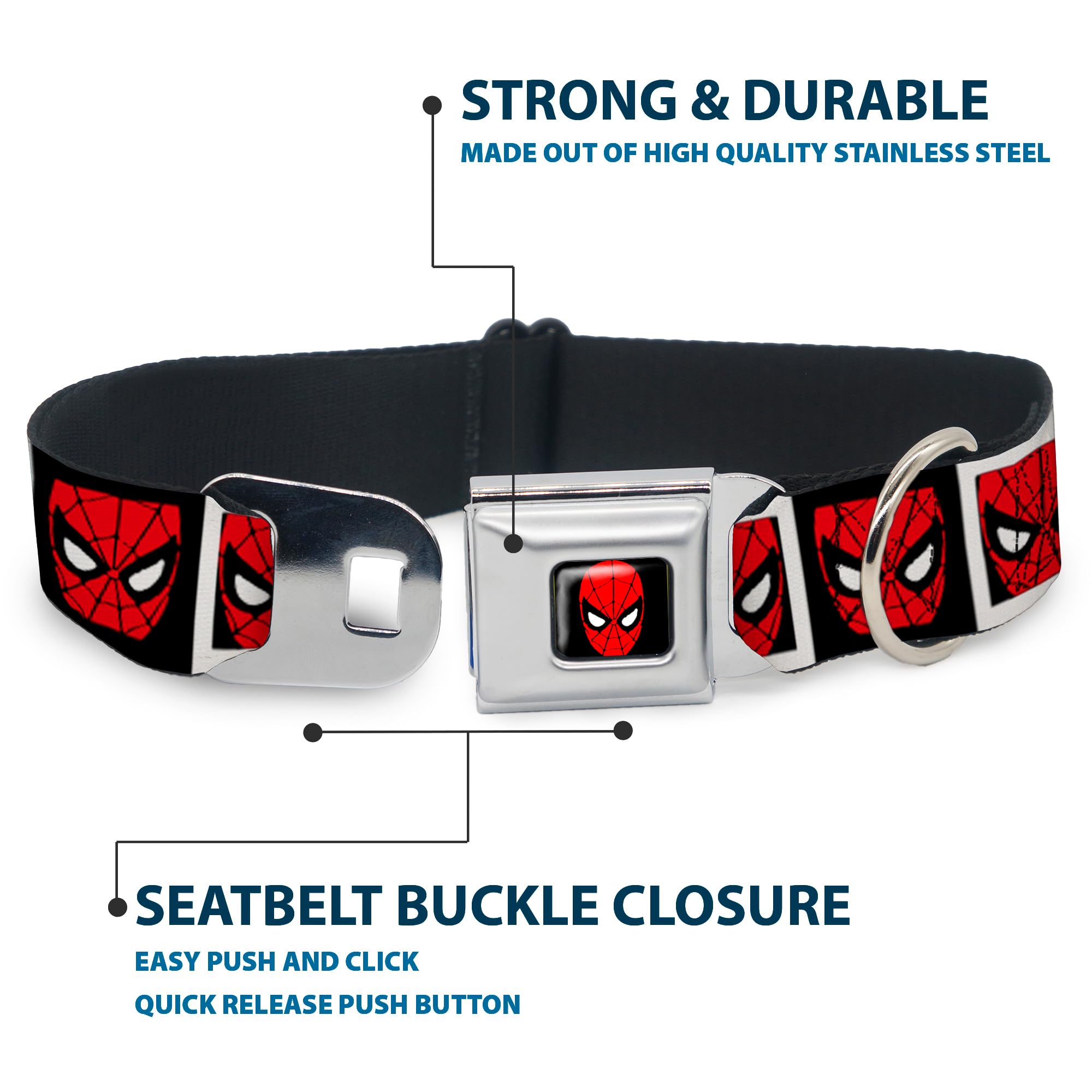Buckle-Down Obroża dla psa z klamrą pasa bezpieczeństwa - twarz Spider-Mana czarne/białe bloki - szerokość 3,8 cm - pasuje na szyję 33-45 cm - mała