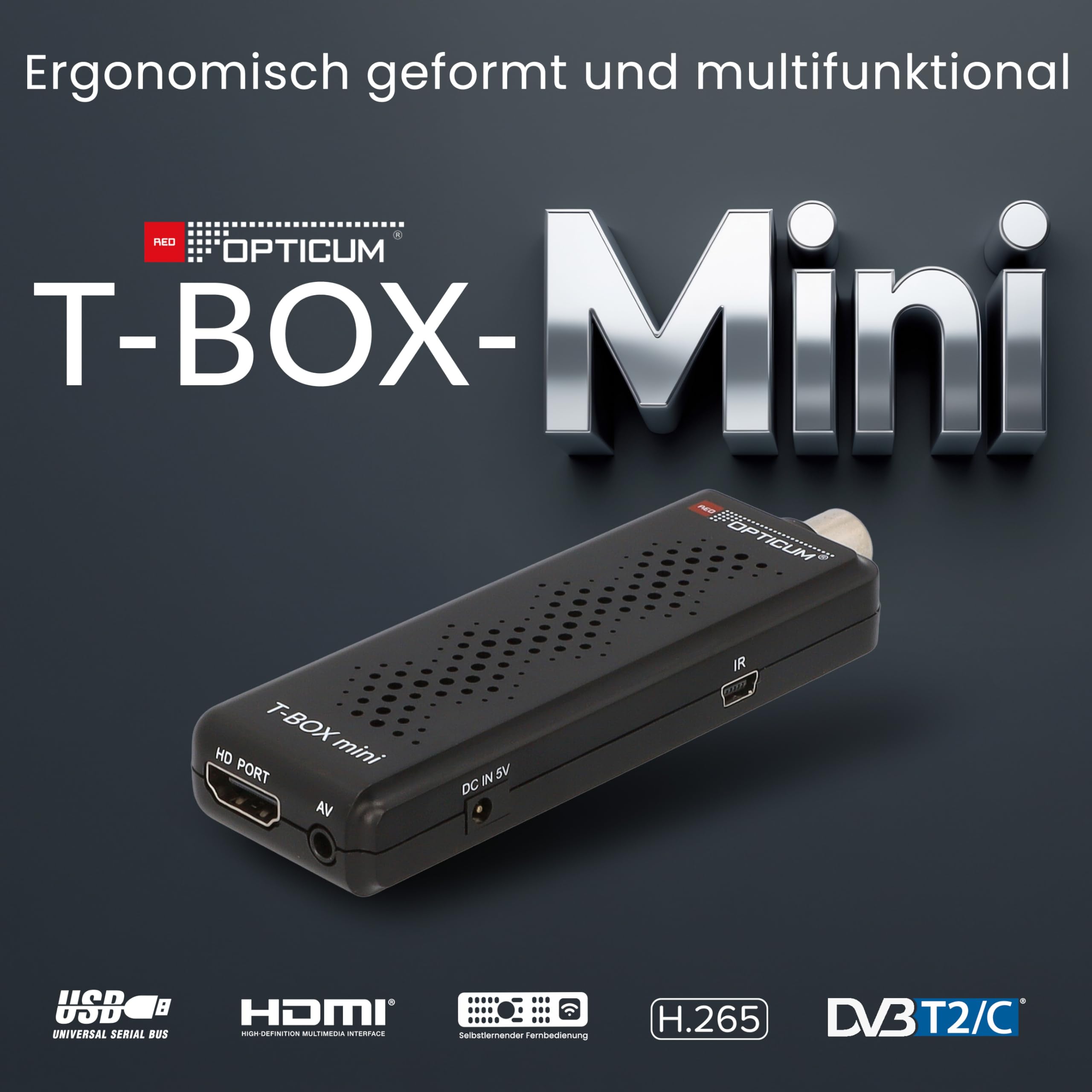 RED OPTICUM T-Box Mini DVB-T2/C Digital Full HD Receiver, H.265 HEVC, HDMI, USB 2.0, Schwarz, mit Fernbedienung, IR-Sensor, EPG, Teletext, PVR-Funktion, 115x37x17mm