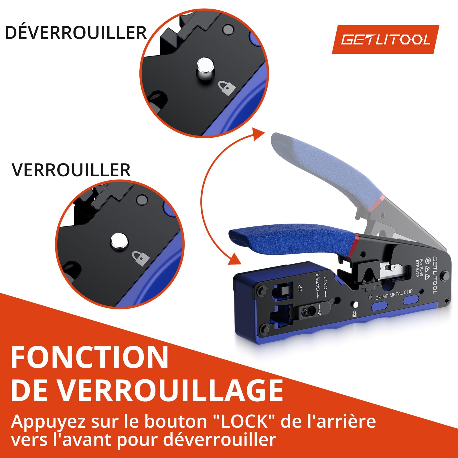 GETLITOOL Kit D'Outils de Sertissage RJ45 Pince à Sertir pour Réseau Ethernet,avec 60 Connecteurs Traversants RJ45/Cat5/Cat6/Cat6a/Cat7,60 Couvercles de Protection,Réseau Domestique DIY Bleu