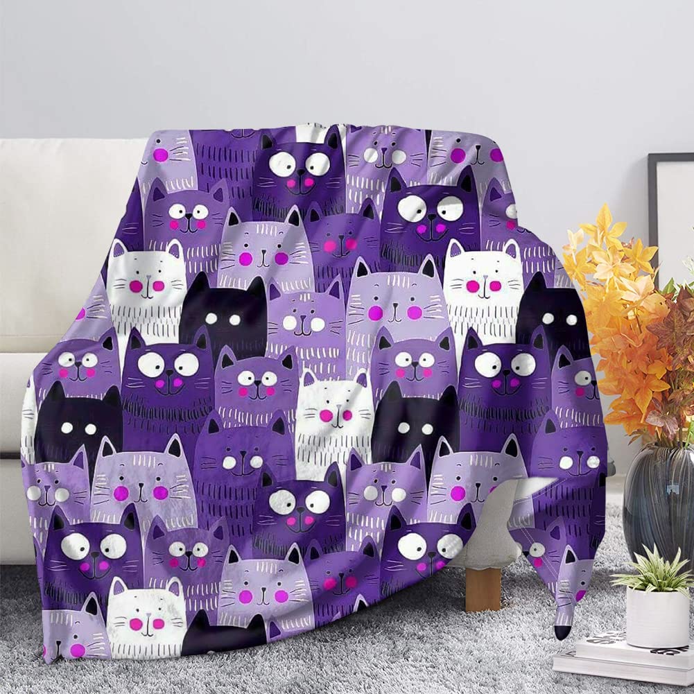 ZZXHG Manta para Sofá 240 x 260 Gato Morado de Dibujos Animados, Manta para Cama 180 de Franela, Manta Polar 100% Microfibra Extra Suave, Manta Cubre Sofá para Niños y Adultos, Hogar Oficina Viaje