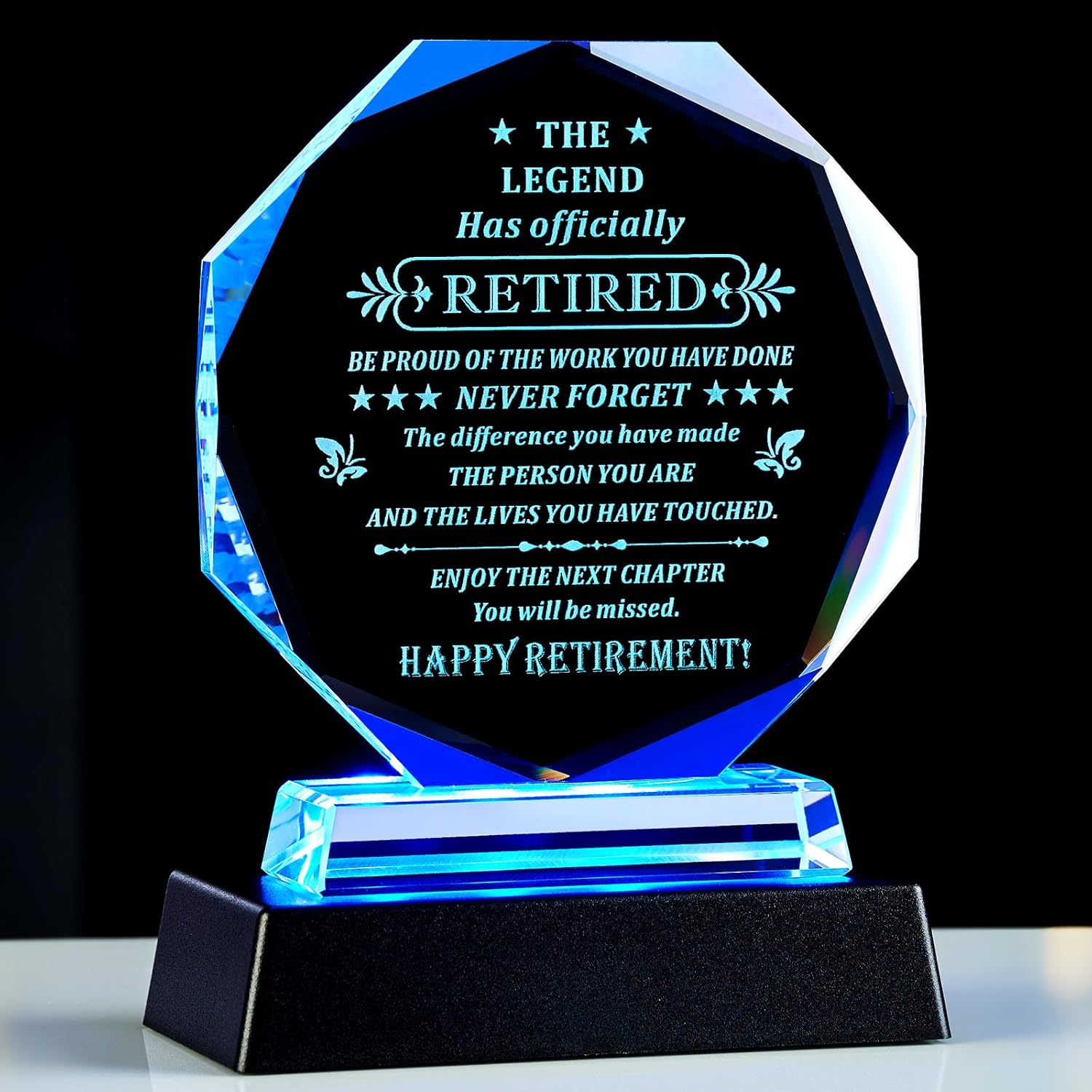 Happy Retirement Gifts for Men Women Present Decorations Crystal Plaque Keepsake Best retired Plaque Inspirational Gift for Retired Friends Boss Coworker Teacher Police (Retirement Gift+LED Base)