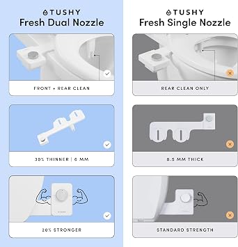 TUSHY NEW Fresh Dual Nozzle Cool Water Bidet: Ultra Slim Toilet Seat Attachment Sprayer with Luxury 2 in 1 Front & Rear, Self-Cleaning, 180o Clean (DIY Install, 10 Minutes), Non-Electric, Bamboo Knob