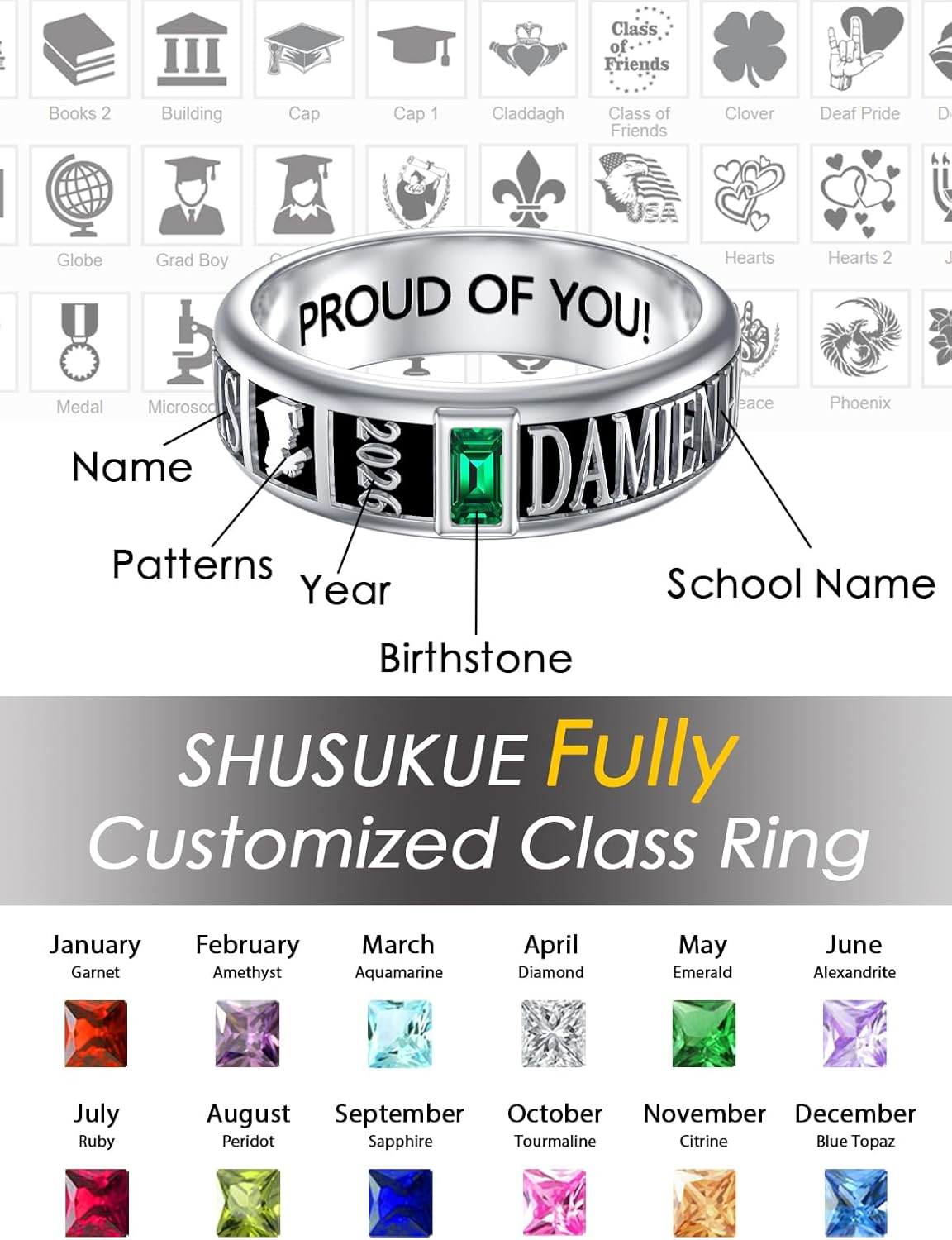 Fully Personalized Class Ring for Men Women Class of 2026 High School Ring 925 Sterling Silver Graduation Jewelry Gift for Graduates Size 4-16 (with Gift Box)