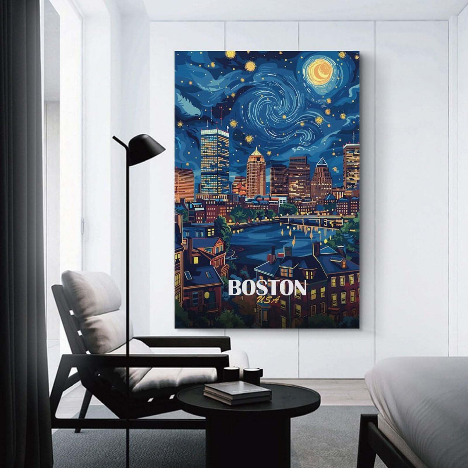 Junmoney Boston USA Night Skyline Art Decorative Wall Artwork 24x36inch(60x90cm), for Home Lounge, Bedroom Or Reading Nook, Modern Wall Decor for Cosy Interiors