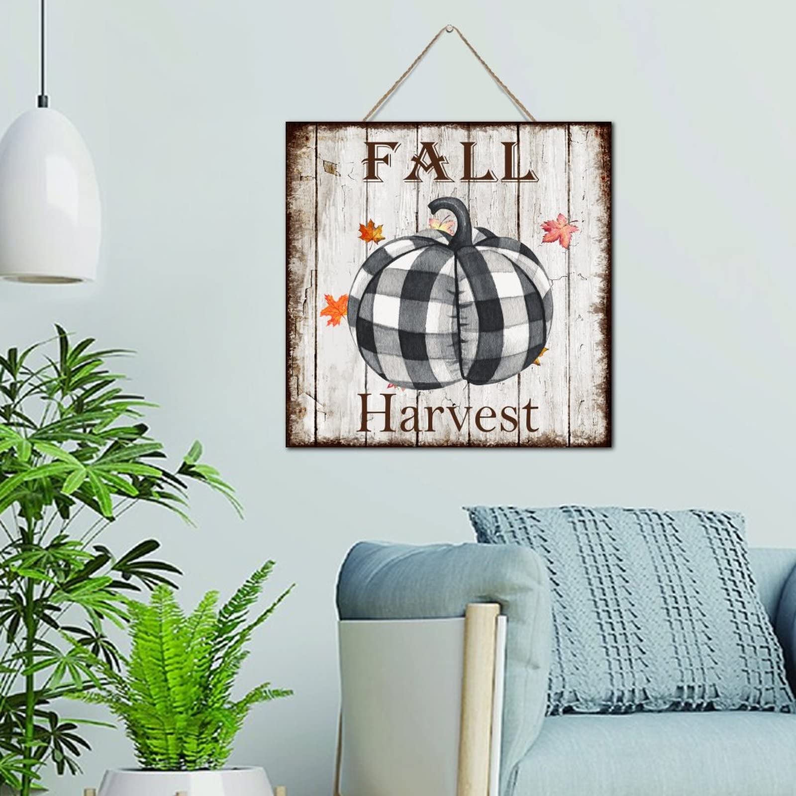 Panneau en bois vieilli décoratif de table d'automne - Plaque citation ferme 30x30cm