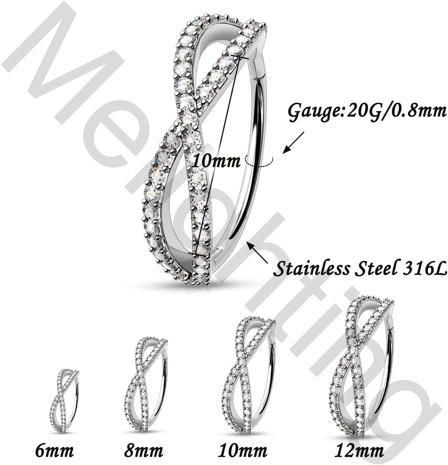 Melighting 20G/18G Double Nose Ring 316L Surgical Steel Nose Hoop Transparent CZ Helix Clicker Earring Tragus Conch Jewellery for Women 6/8/10/12 mm Hinged Segment - Image 6
