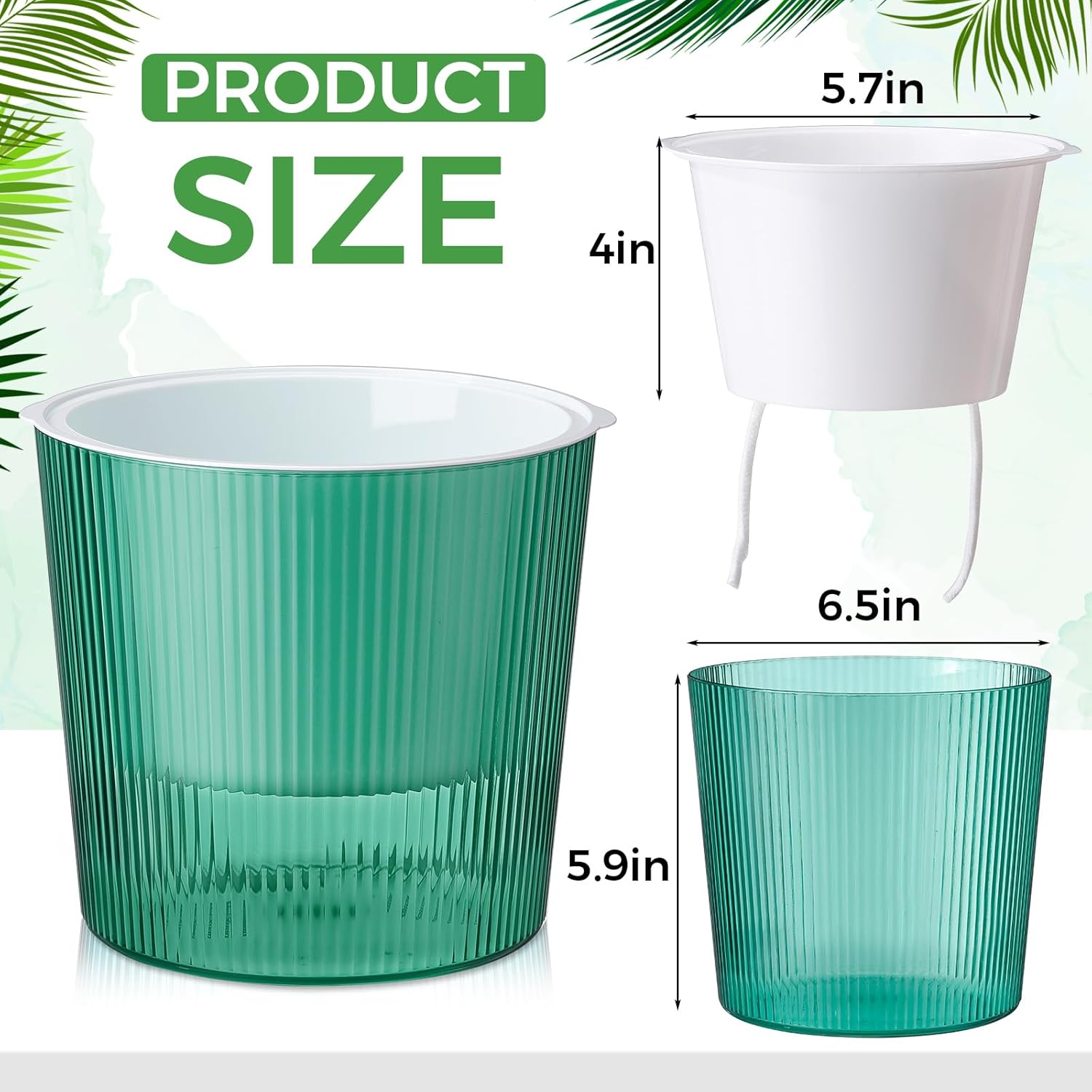 6 Pack Self Watering Pots for Indoor Plants Plastic Vertical Ribbed Semi Transparent Planters, Dual Layer Reservoir for Indoor Succulents Herbs Pothos(Green, White,6.5 x 5.9 Inch)