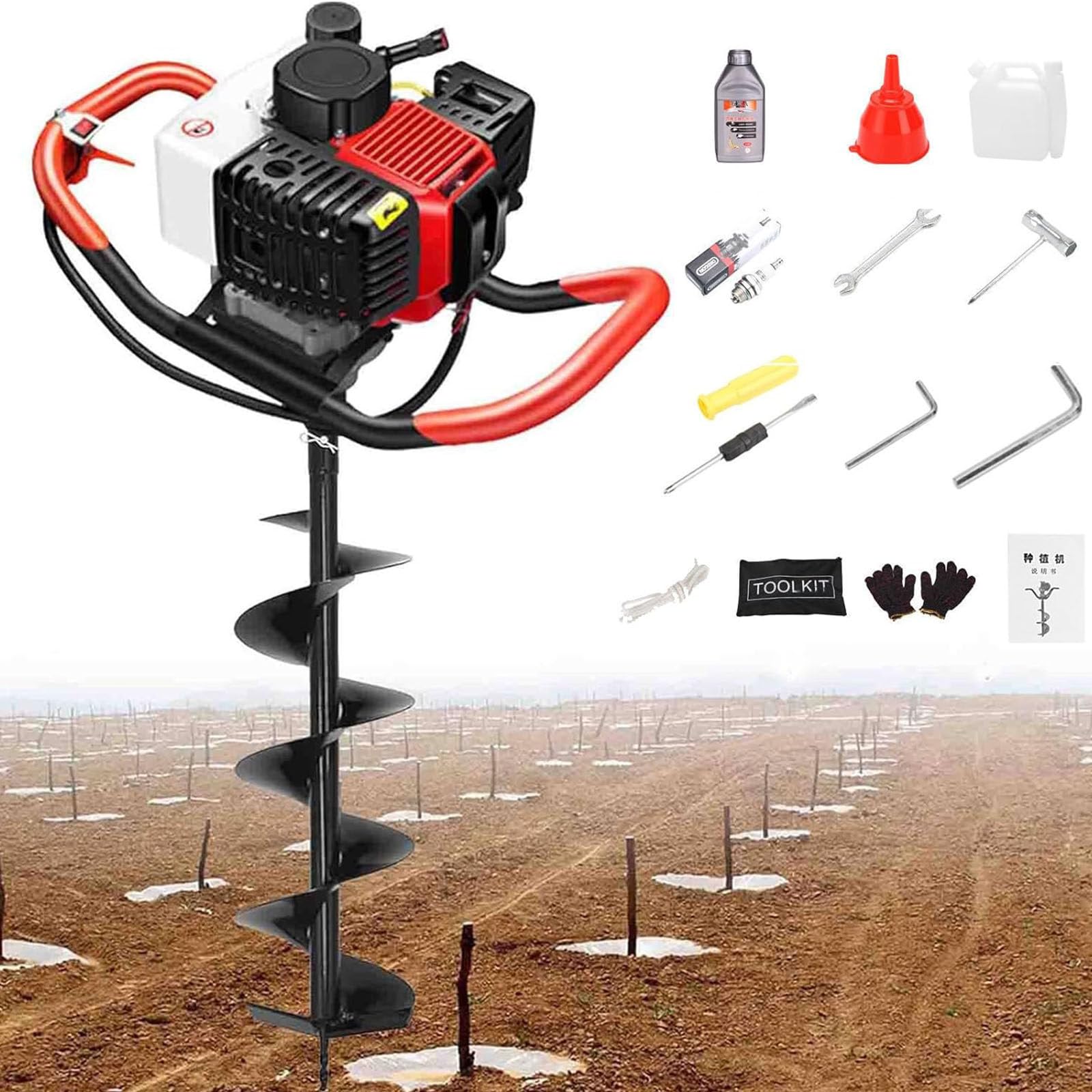 Trivella Terreno,Cippatore Scoppio,158cc Motore a 4 Tempi,8.5 CV, Punte Ø 200mm,Struttura Resistente,per Giardini,Orti,Aree Agricole e Lavori di Costruzione 25cm