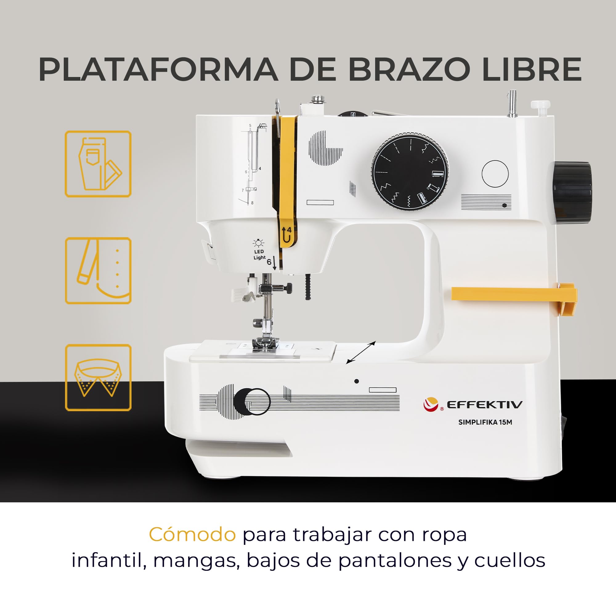 Máquina de Coser Mini Compacta EFFEKTIV 15 Puntadas, 27 × 30 cm, Estructura Metálica, Lanzadera Horizontal, Enhebrador Automático, Para Todo Tipo de Telas, Mesa Extensible