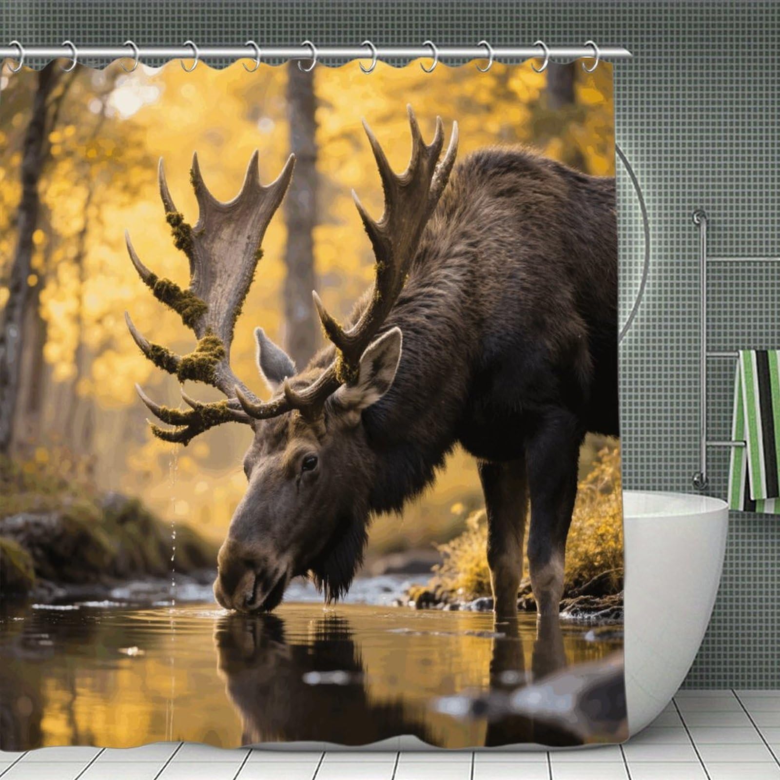 VstaDank Rustic Woodland Deer Shower Curtain Waterproof Bathroom Shower Curtain with C Type Hooks Soft Lightweight Shower Curtains Liner Washable Polyester Cloth Shower Liner 71x71 Inch
