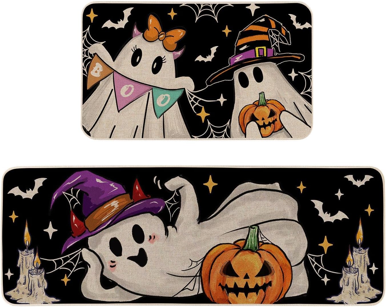 Moutina Boo Black Cat Pumpkin Skeleton Decorative Kitchen Rugs Set of 2, Halloween Holiday Party Home Decor Low-Profile Kitchen Mats for Floor - 17x29 and 17x47 Inch
