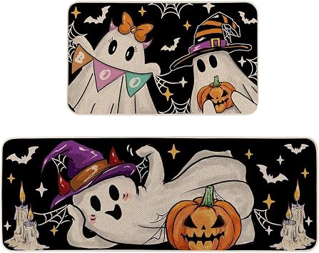 Moutina Witch Ghost Cute Decorative Halloween Kitchen Rugs Set of 2, Holiday Party Home Decor Low-Profile Kitchen Mats for Floor - 17x29 and 17x47 Inch