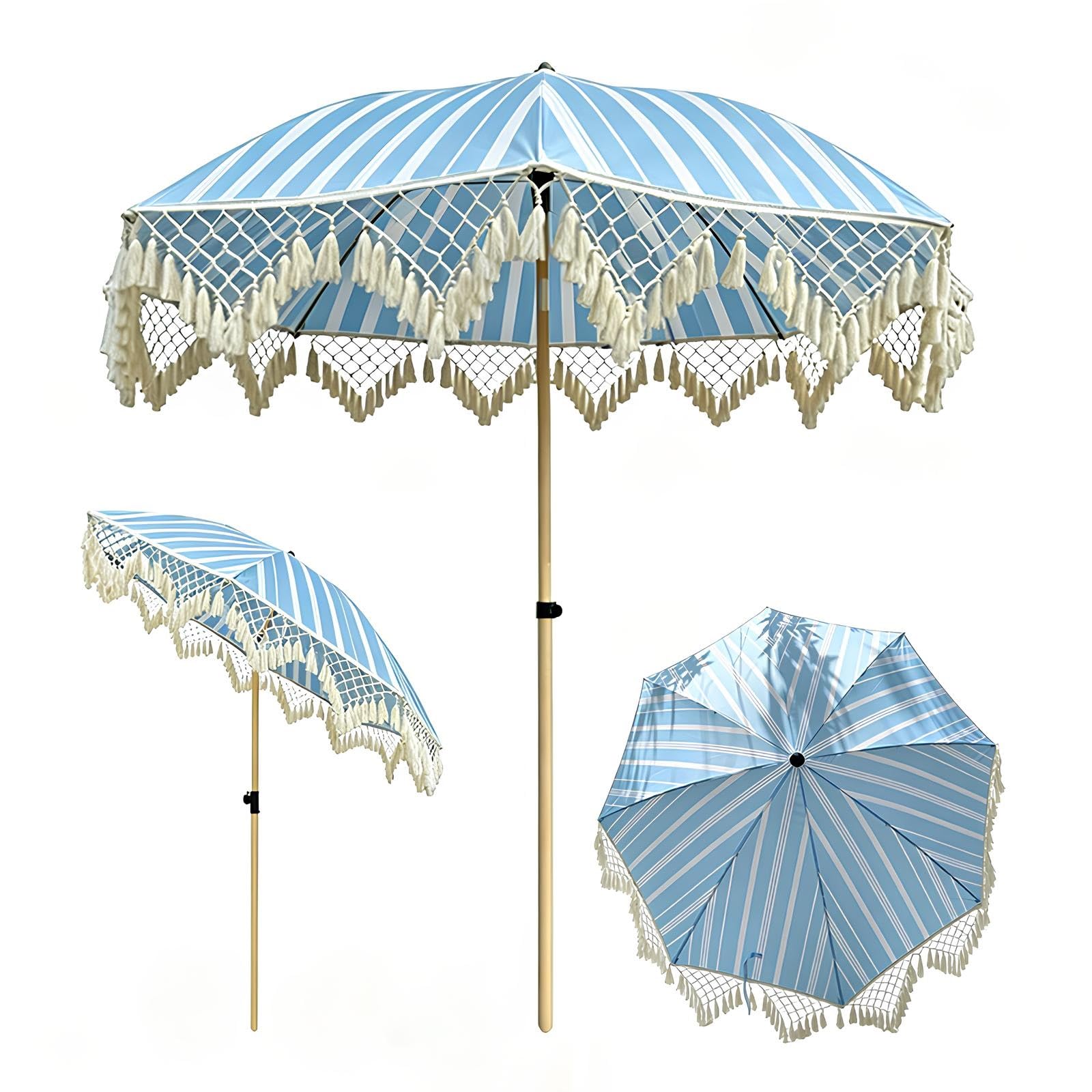 XUQQU 200CM/6.6FT Boho Patio Umbrella with Fringe, UPF 50+ Outdoor Parasol, 8 Iron Ribs Push Button Tilt, Tassel Canopy Waterproof Fade Resistant, Striped Sun Shade for Beach Garden Wedding(E-Blue)
