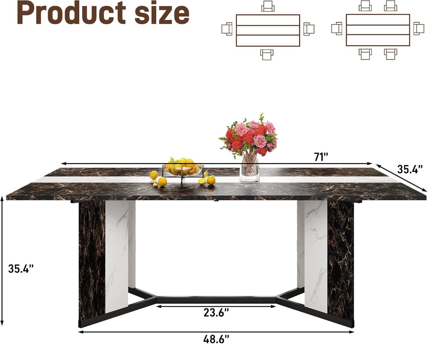 Diagram showing the dimensions of the 71 inch dining table, including length, width, and height, with seating arrangements for 6-7 people.