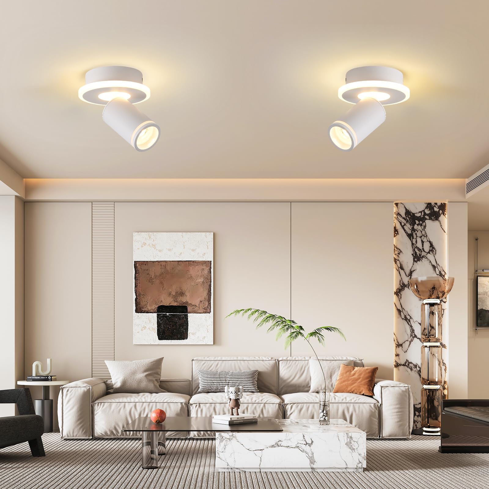 SANSHI Rotonda Faretti da Soffitto Orientabili Interno LED 1 Luce,Faretti da Parete con Inferiore 9W+5W,GU10 Lampadario Faretti,Moderna Plafoniera Faretti Bianco Caldo 3000K per Cameretta Barra,Bianco