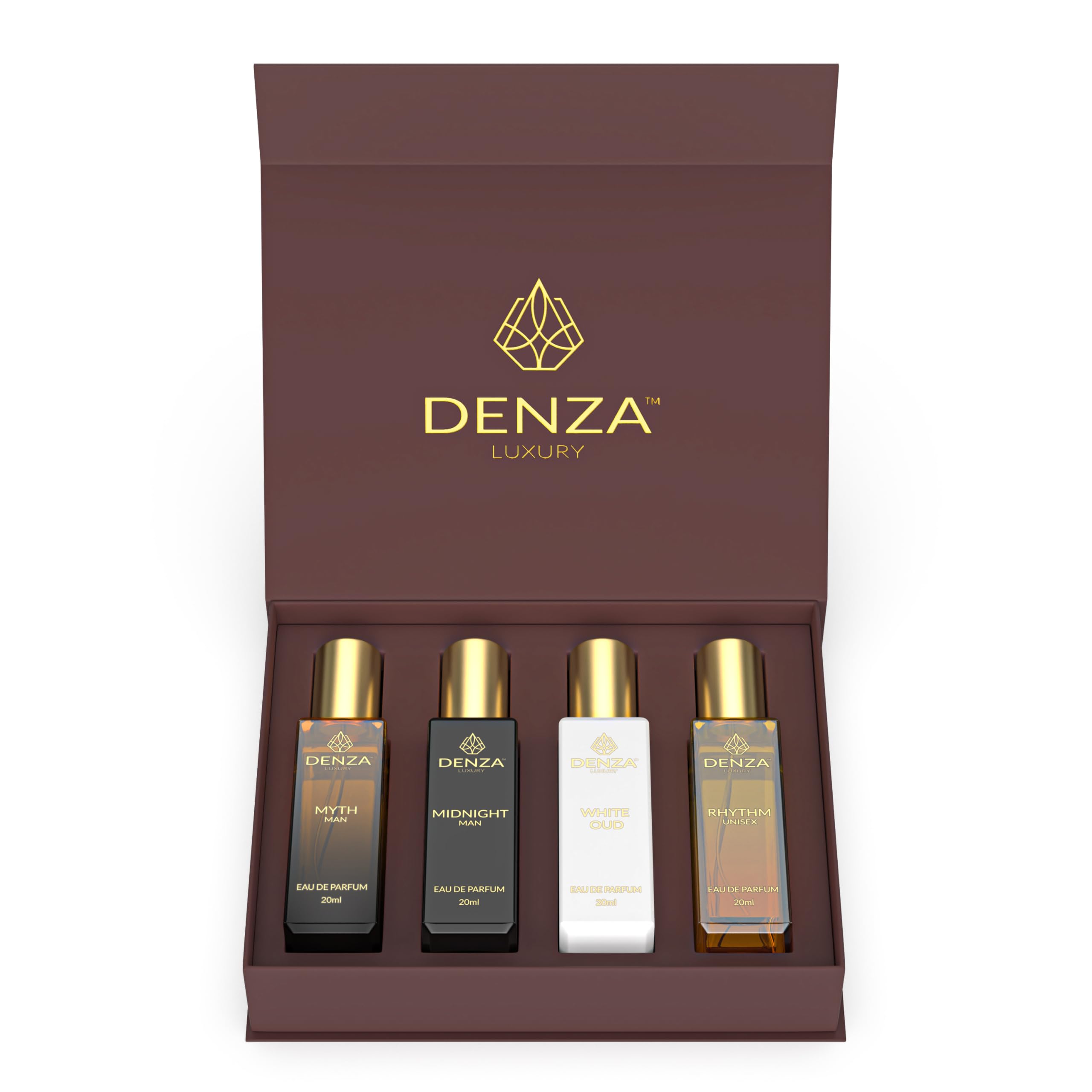 Denza Luxury Man Perfume 4 x 20 ml for Men with Myth, Midnight, White Oud, Rhythm Perfume | Eau De Parfum | Gift Set | Birthday Gift | Travel Pack | Long Lasting Perfume for Men-image-14
