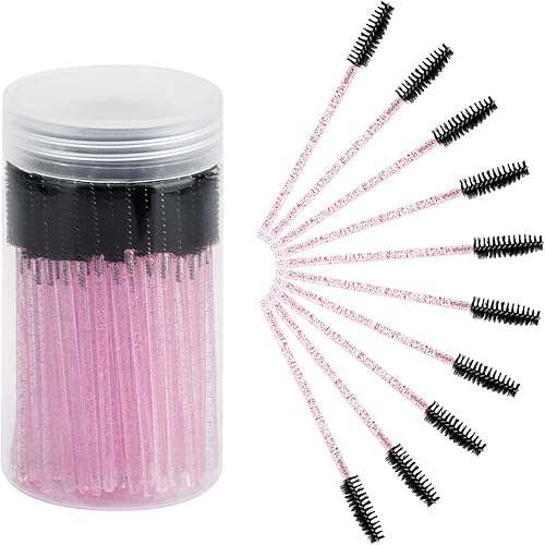 CHEFBEE 100PCS Disposable Eyelash Brush, Mascara Wands Makeup Brushes Applicators Kits for Eyelash Extensions and Eyebrow with Container (Pink Black)