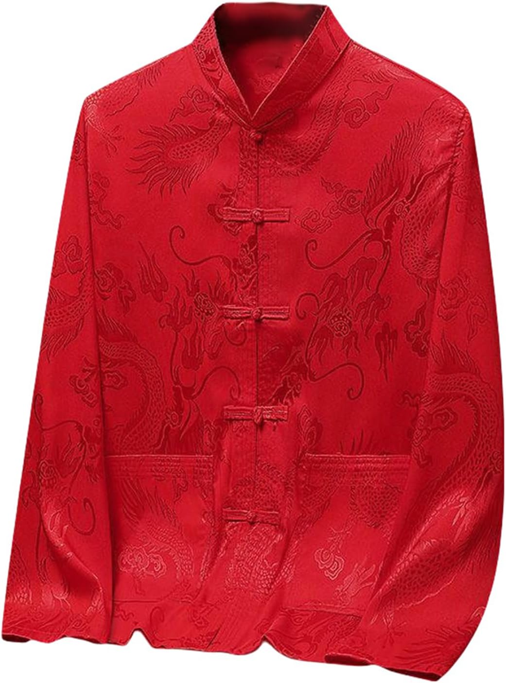 Men's Spring Summer Chinese Style Dragon Pattern Ice Silk Hanfu Tang Suit Long Sleeve Tai Chi Wear