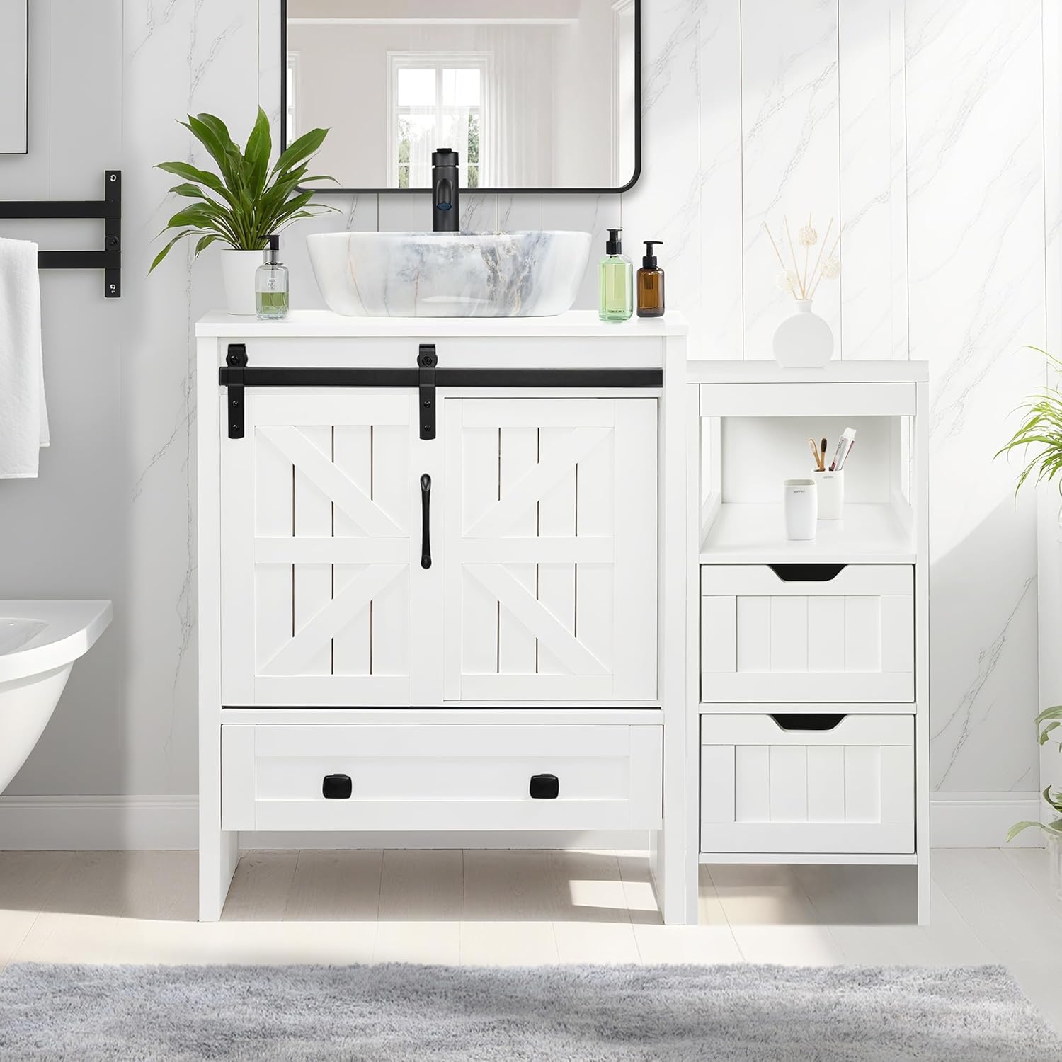 Findepot 36 inch Farmhouse Bathroom Vanity with Sink,with 12-inch Side Cabinet with 2 Adjustable Drawers, White MDF Bathroom Vanity Sink Combo, White Marble Ceramic Vessel Sink (Include Faucet)