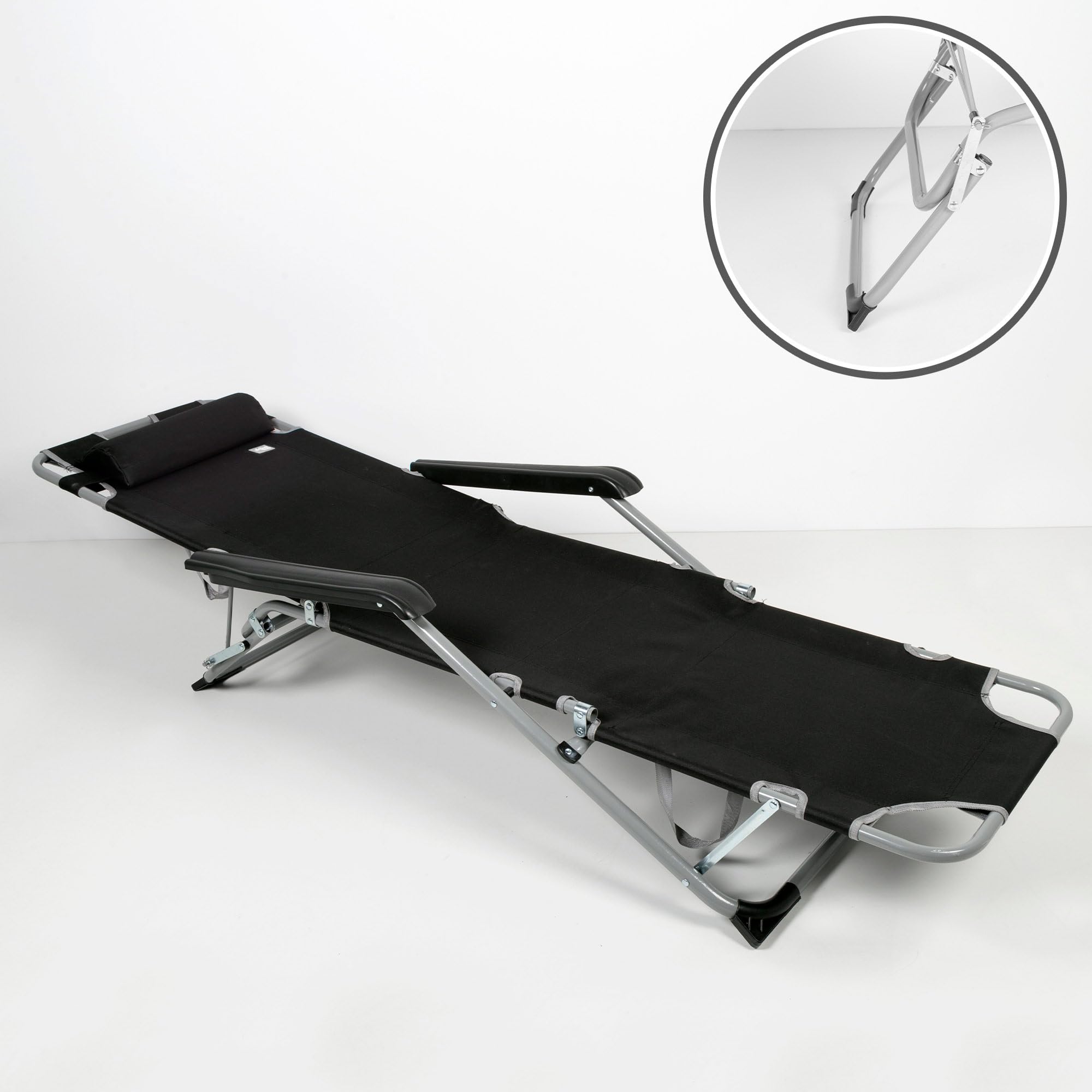 AKTIVE Tumbona Plegable, 177x47x34/85 cm, Negra, 3 Posiciones, Incluye cojín, Topes antivuelco, Tejido poliéster, Estructura Acero, Soporta 110 kg, Tumbonas Plegables para Playa y terraza (62297)