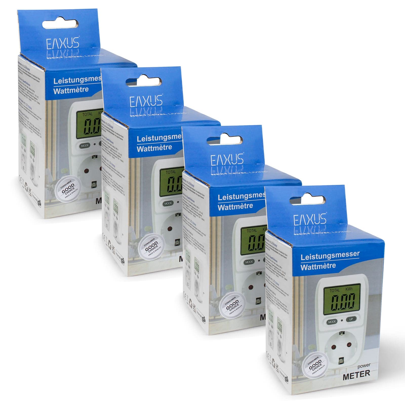 Eaxus® 4er Set Energiekostenmessgerät Steckdose mit Display - Strommesser Verbrauchsmessgerät bis 3680 Watt, Weiß