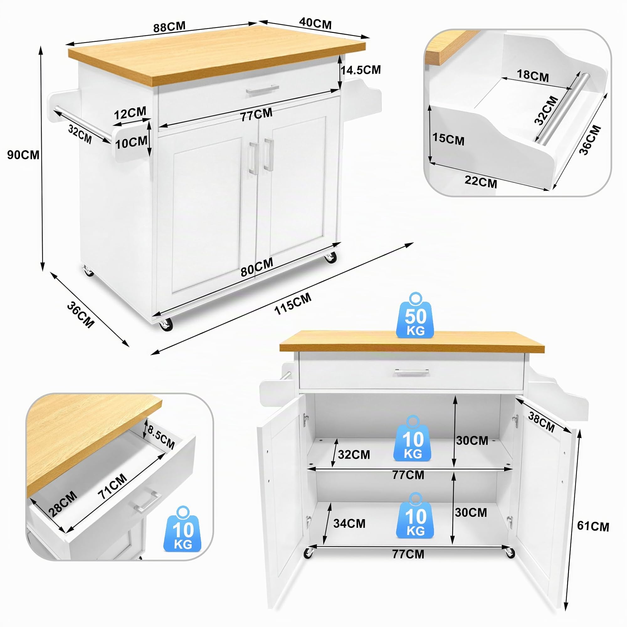 NAIZY Armoire de cuisine avec plan de travail, roulettes et tiroirs - Chariot de cuisine verrouillable - 115 x 36 x 90 cm