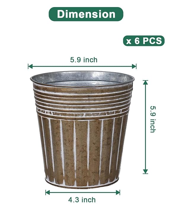 6 Inch Brown Metal Rustic Flower Pots - 6Pcs Galvanized Planters with Drainage Hole and Rubber Plug, Rustproof Small Metal Bucket Plant Pots Farmhouse Vintage Style for Decor by vensovo - Image 2