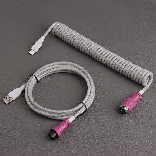 Conector de aviador desmontable de doble manga Cable USB-C en espiral para teclados mecánicos de juegos personalizados (color rosa gris)