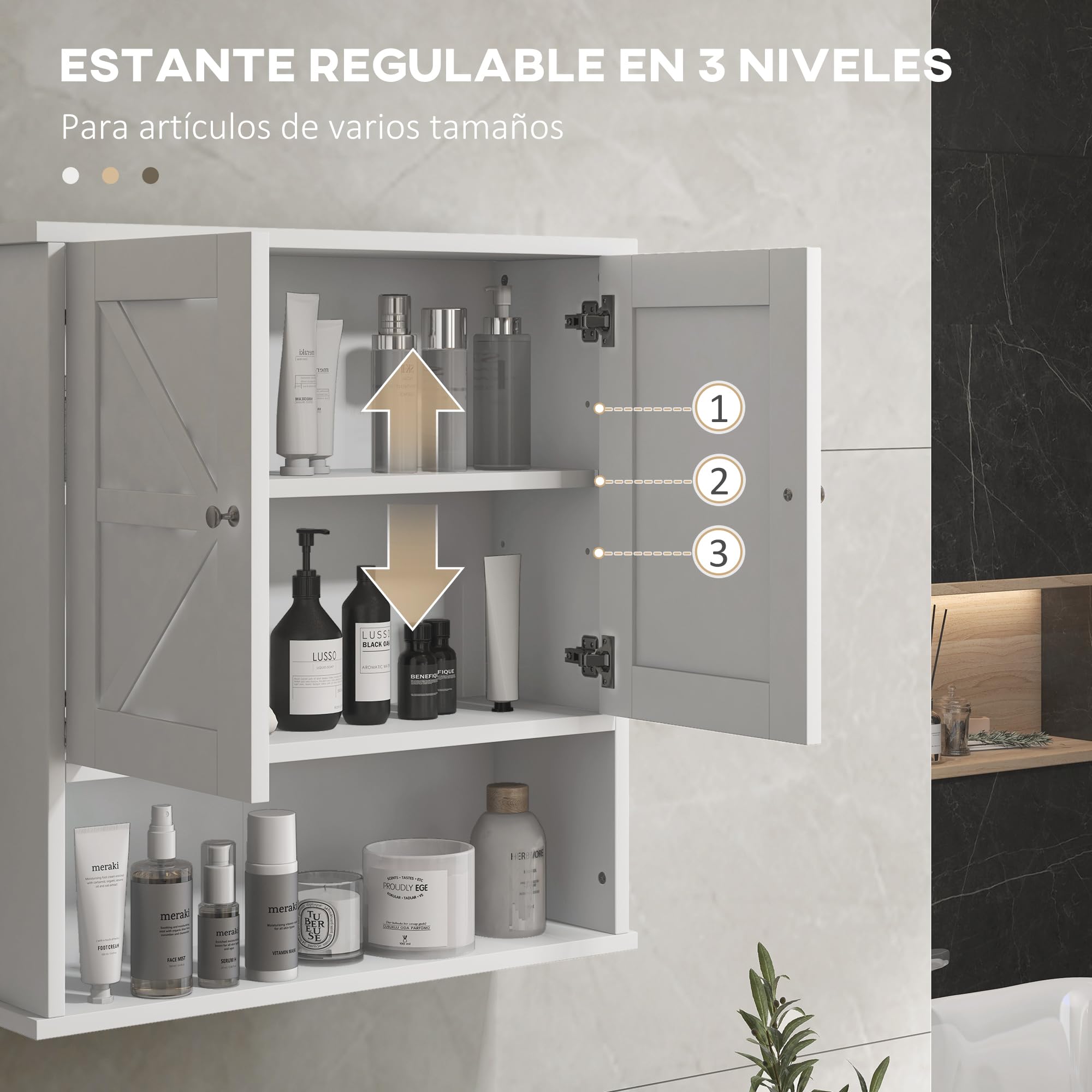 kleankin Armario de Baño de Pared, Mueble de Baño Colgar Rústico con Compartimento, Estante Ajustable, 2 Puertas, para Cocina, Lavadero, sobre el Inodoro, Blanco