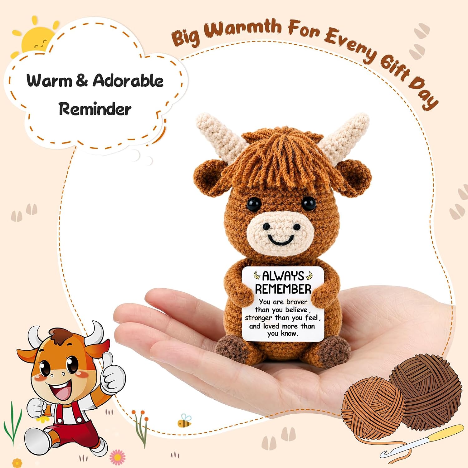 Inspirational Fathers Day Dad Gifts for Women Men, Handmade Crochet Highland Cow with Encouragement Card, Cheer Up for Friends Family Coworkers, Ideal for Birthday, New Jobs and Challenging Times