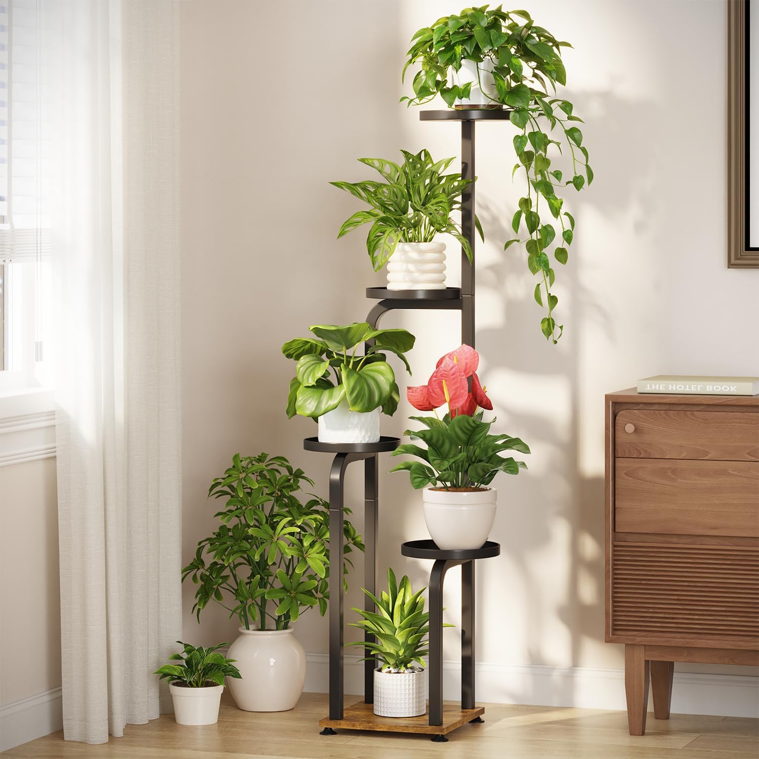 LASZOLA 5 Tiered Plant Stand Tall for Indoor Corner, Modern Multiple Flower Display Rack with Metal Tray, Vertical Planter Shelf for Living Room Bedroom Patio Garden Balcony, Black