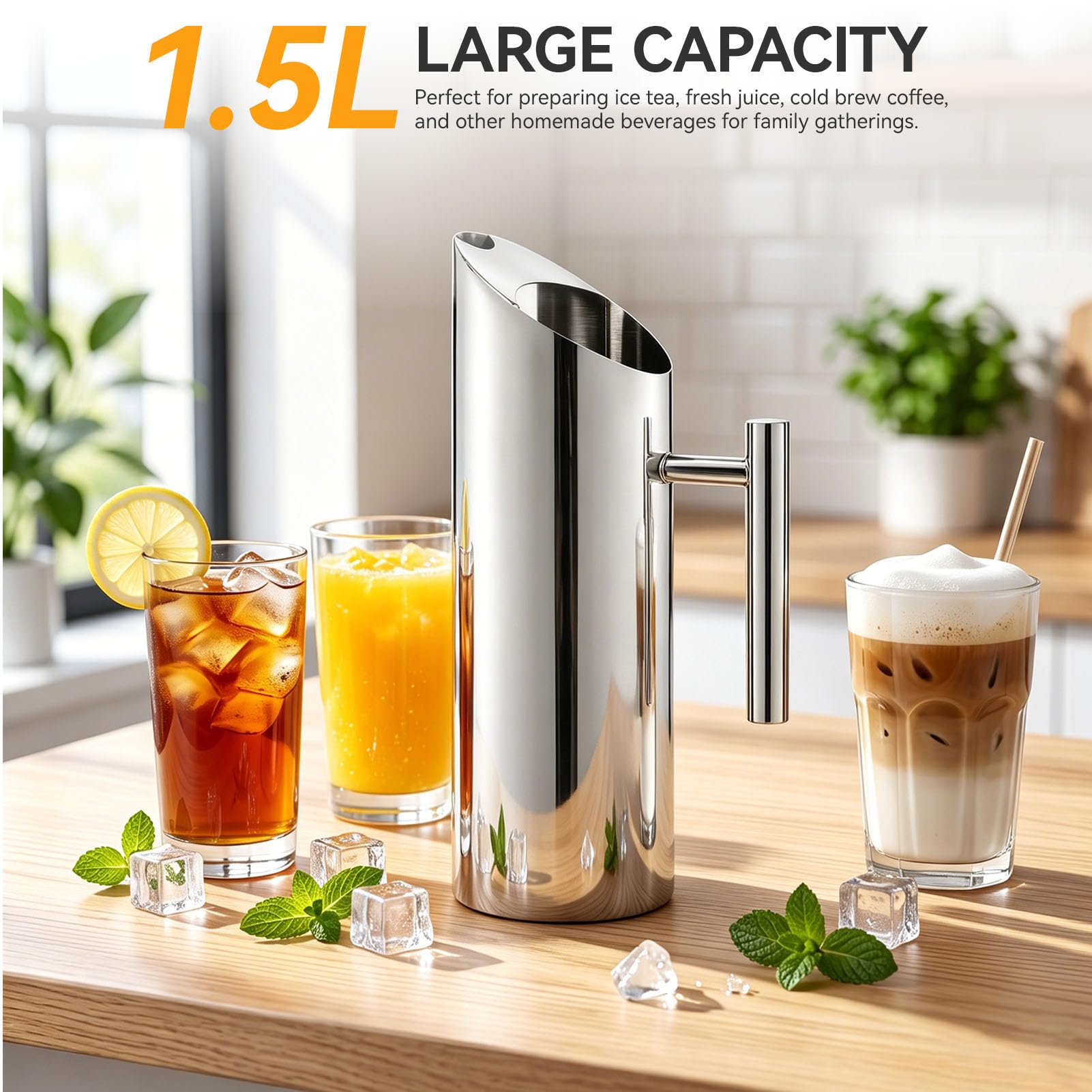 Pichet à eau en acier inoxydable,pichet inox, Cruche à Eau avec Bec verseur et Anse, Pichet à Eau en Acier Inoxydable 1,5 litres Carafe Eau, cruche à eau 1.5L avec garde-glace(1,5 L)