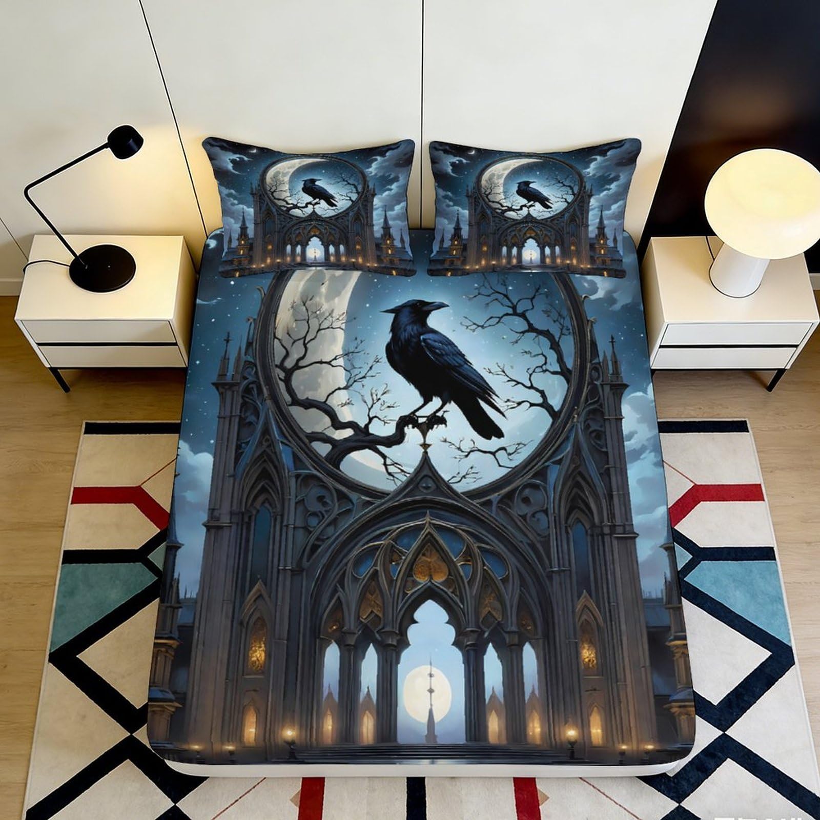 3D Printed Gothic Raven Fitted Sheet Microfiber Soft Breathable Moonlight Bed Cover for Bedroom Dormitory Guest Room Mattress Protection Decor 140x200x25cm