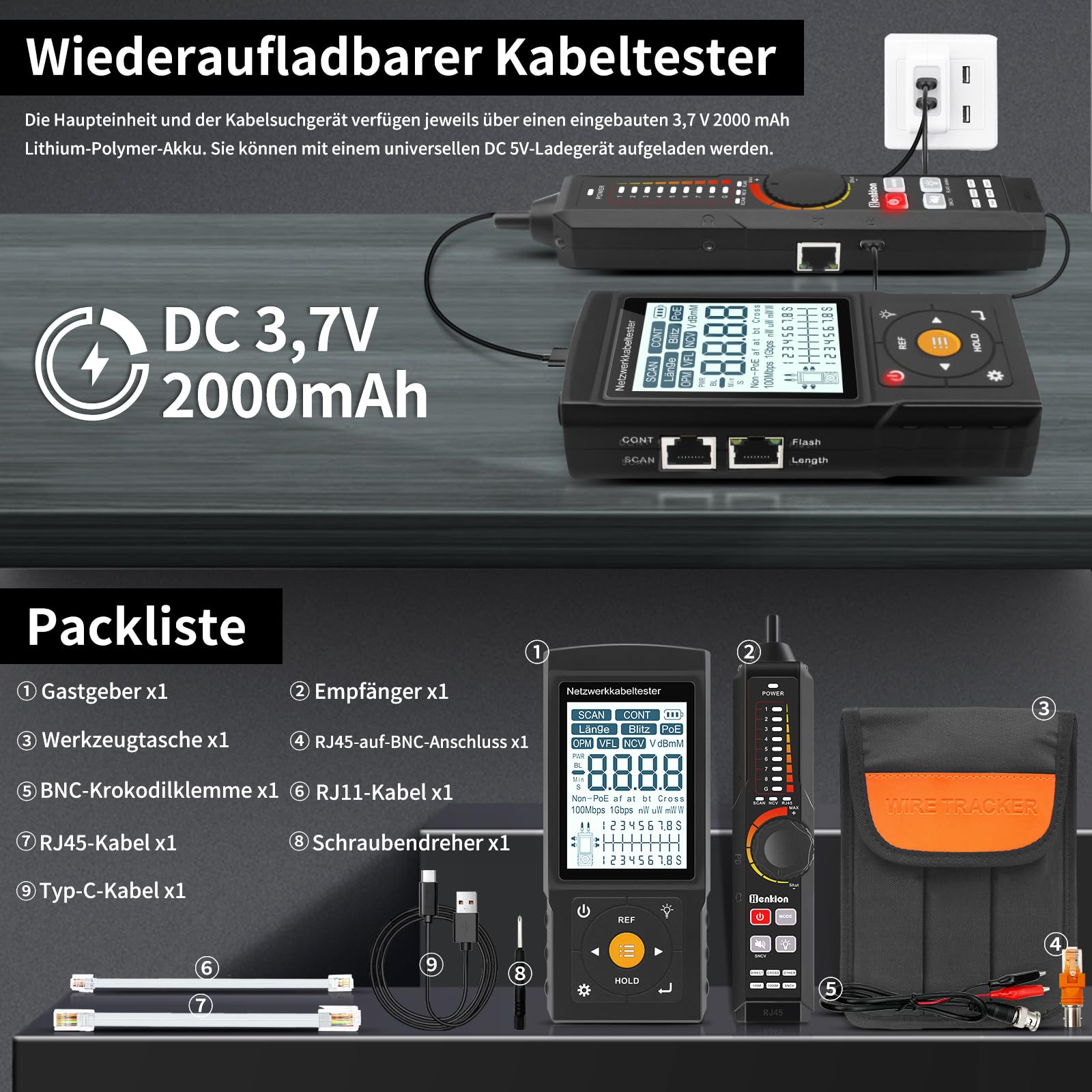 Henkion Multifunktions-RJ45-Netzwerkkabeltester,Kabelverfolger,Aufladbar,UTP-Kontinuitäts-und Steckerfehlertest,Länge,OPM,POE 802.3af/at/bt und nicht standardmäßige POE-Erkennung,Port-Blinken,NCV