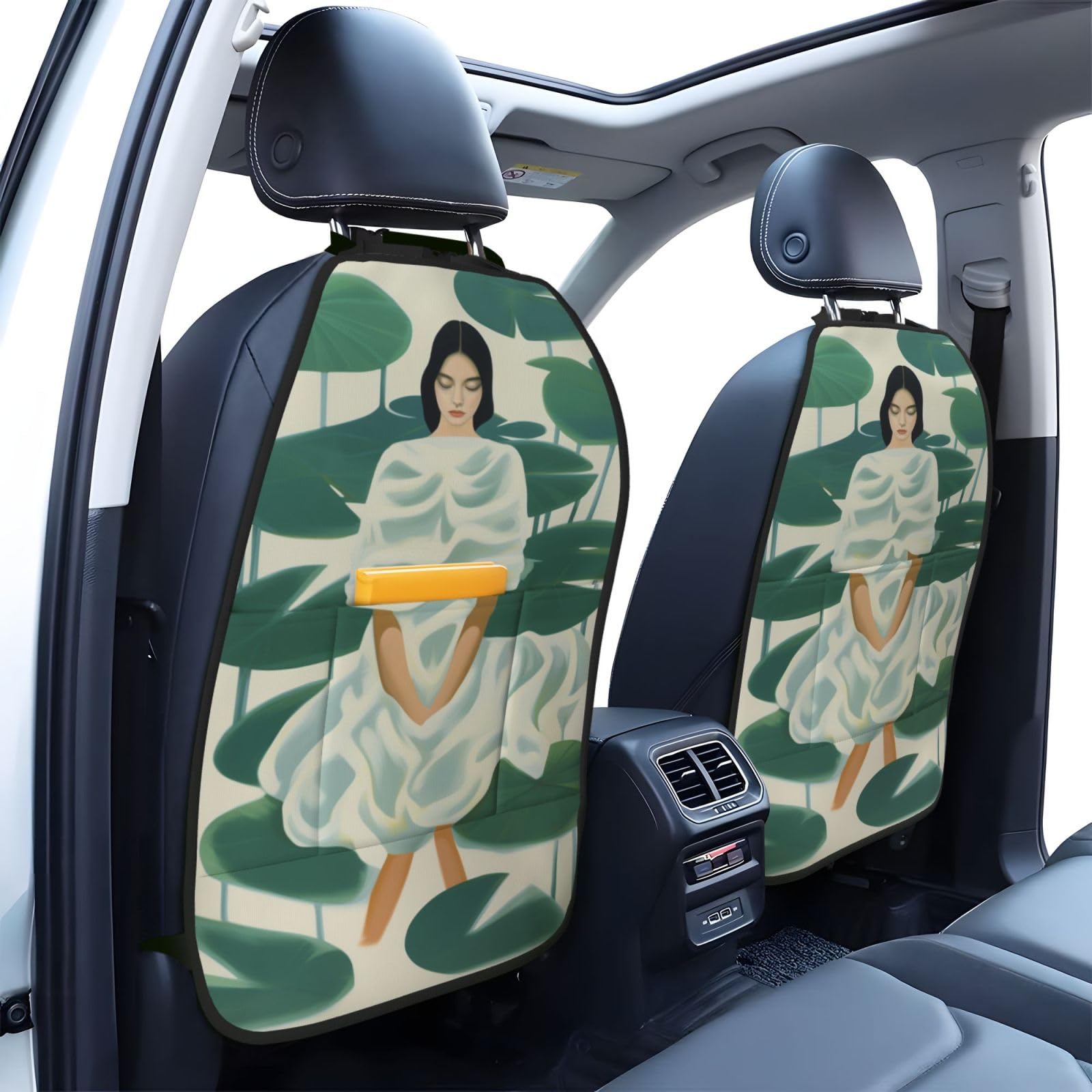 Woman Sitting On Water Lilie Pond Car Seat Back Kick Protectors,2 Pack Kick Mats with Storage Pockets for Vehicles to Protect from Dirt Mud Scratches