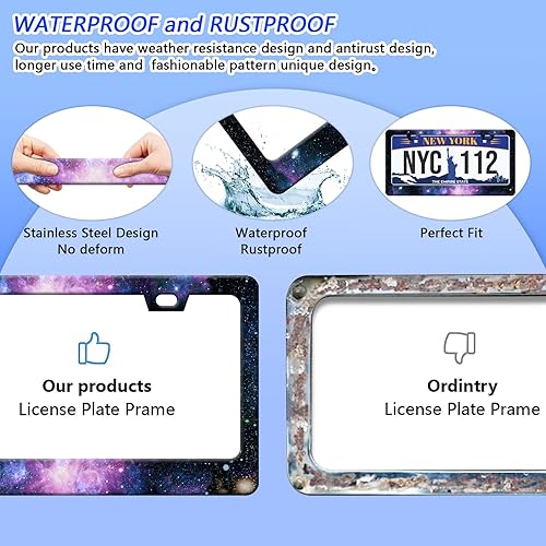 Miniatura 5 de Hermoso marco de matrícula Galaxy Spaces, marco de matrícula decorativo de noche de cielo estrellado morado, resistente al óxido, impermeable, de