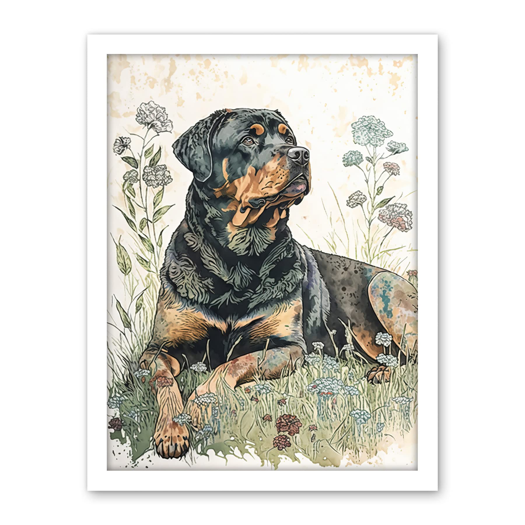 Artery8 Rottweiler Dog Lying in Wildflowers Bright Watercolour Illustration Artwork Framed Wall Art Print 18X24 Inch